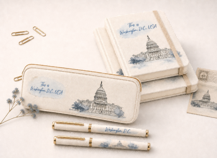 AI-generated customization concept for a coordinated pencil case and paper stationery set